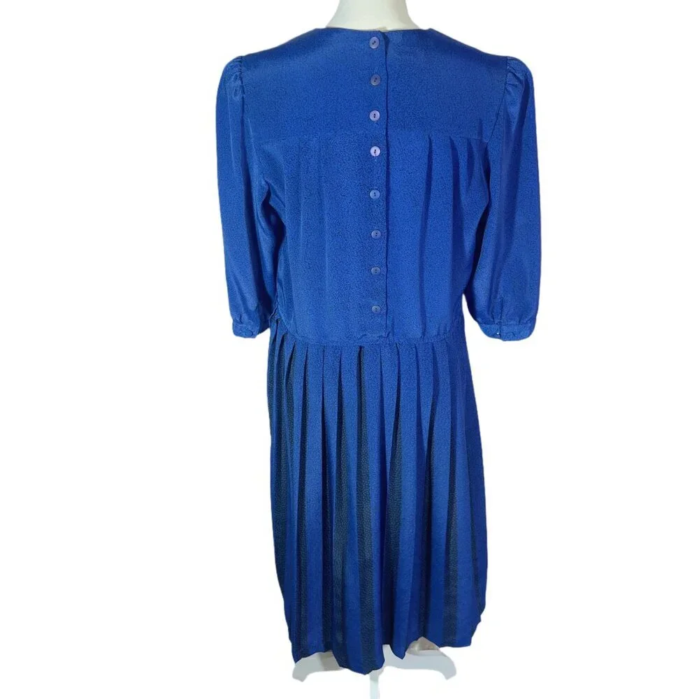 Vintage 80s BGB Petites Royal Blue Florette Pattern Secretary Dress Size 10P - Picture 5 of 7